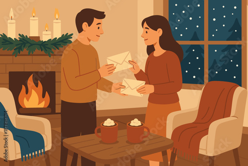 Table mugs winter vector chairs window pine romantic candles illustration near view