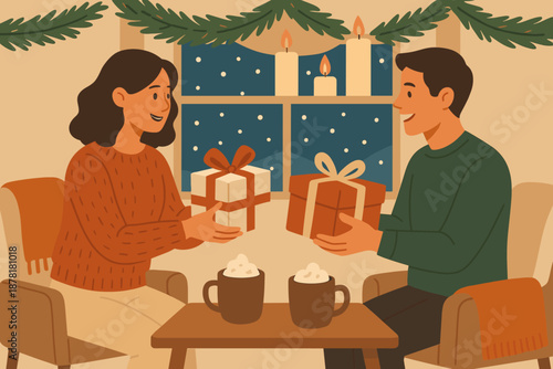 Outside cozy winter vector softly pine gift illustration romantic falling scene couple