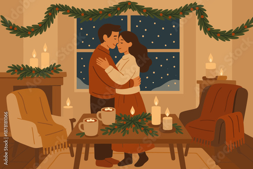 Embrace falling outside softly winter cozy blankets vector candles romantic holiday illustration