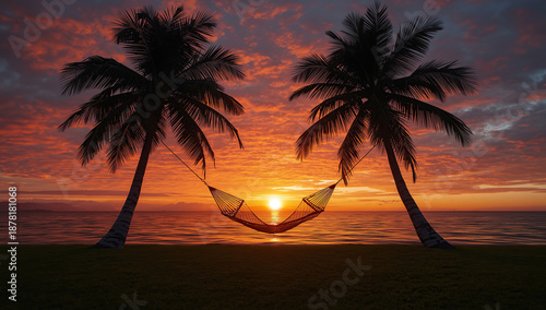 Relaxing tropical beach scene with a hammock hanging between two palm trees at sunset