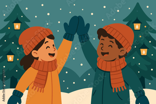 Outdoors winter high five cheerful vector softly decorated illustration mittens children falling