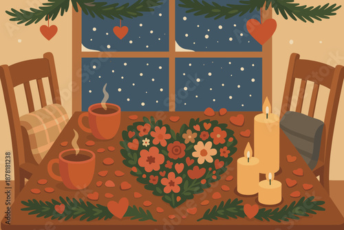 Decorations petals large snow cozy illustration mugs romance winter around nearby vector