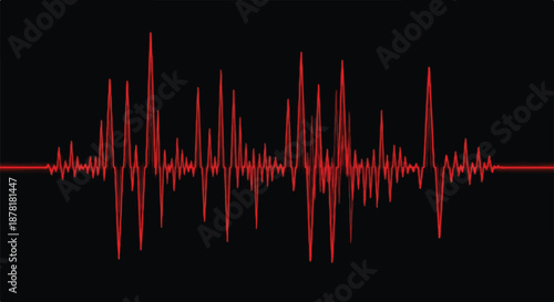 Red digital audio waveform or heart rate pulse monitor on black background representing sound frequency and medical heartbeat signal