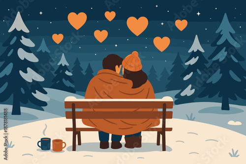 Cozy romantic winter wooden nearby night bench escape them vector illustration sky