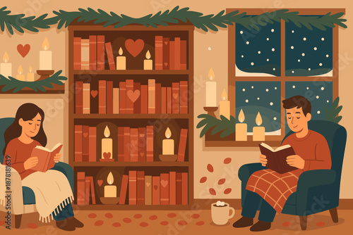 Cozy reading chairs window illustration winter snow scattered vector softly retreat rose