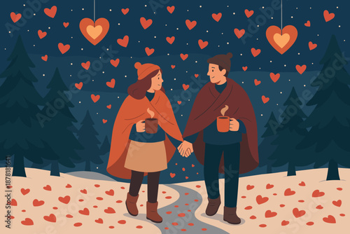 Gently hearts blankets simple pine starry scattered vector winter scene through illustration