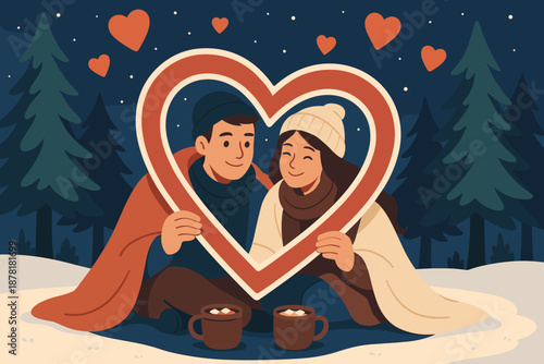 Holding winter wrapped pine blankets couple illustration romance cozy scene nearby vector