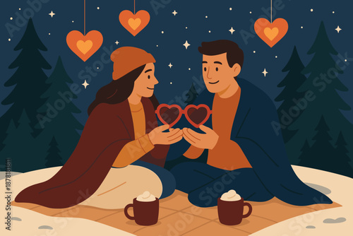 Winter blanket mugs surrounding vector cocoa cozy romance case draped illustration
