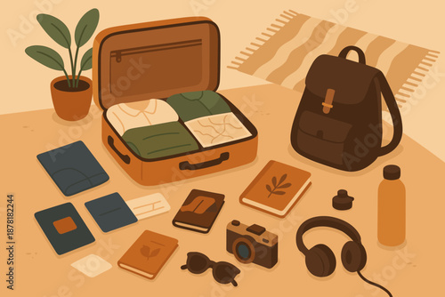 Bottle layout headphones travel illustration map essentials out including plant water vector