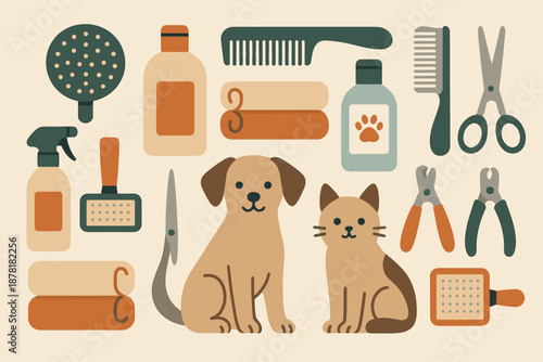 Illustration essentials pet composition vector small nearby grooming nail brushes towels shampoo