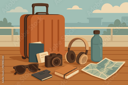 Essentials items camera arranged illustration spread sunglasses neatly vector subtle travel collection