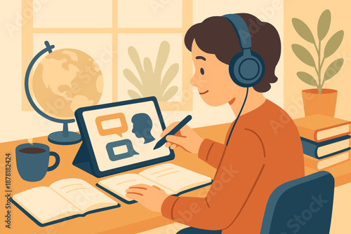 Language headphones tablet globe coffee vector illustration student study area practicing session