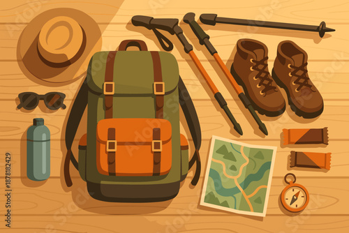 Illustration trekking bottle outdoor sunlight essentials hiking vector compass gear map water
