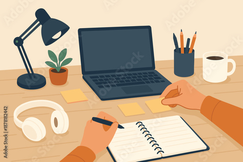 Coffee clean desk organizing vector student organized plant notebook notes workspace illustration