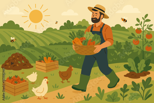 Freshly bees vector farming crops illustration over basket organic farmer harvest walking