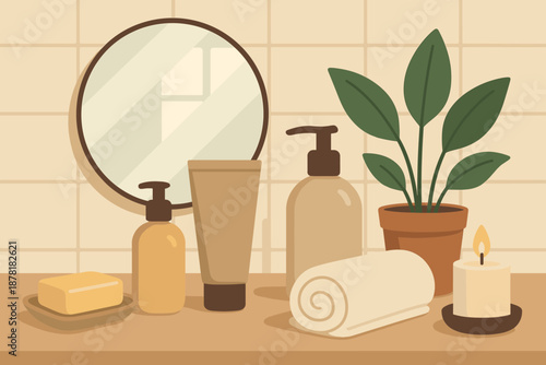 Self sanctuary lotion countertop soft illustration organized natural care vector candle towel