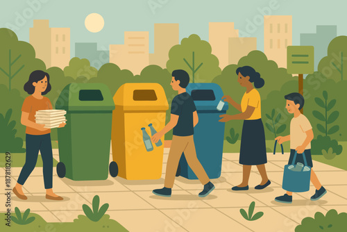 Community vector illustration small bottles paved recycling hub multiple cans corner plants