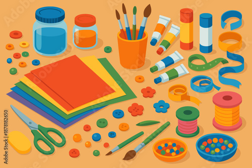 Tubes table beads paint illustration craft paper brushes including vector assortment jars