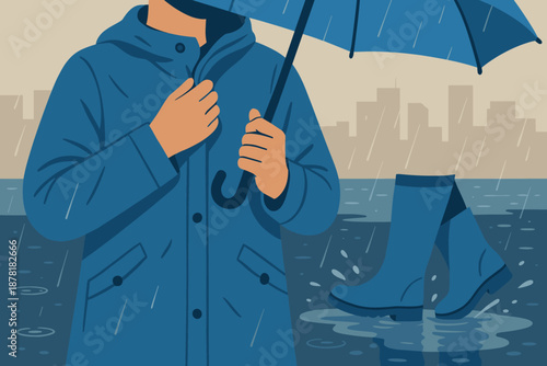 Rainy puddles adjusting illustration ensemble raincoat vector raindrops day buildings reflections person