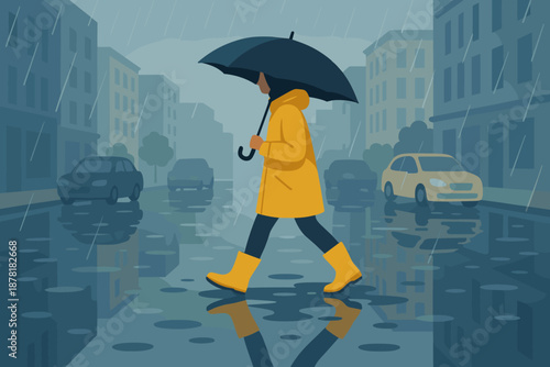 City day vector stroll illustration reflections past boots cars buildings rainy street