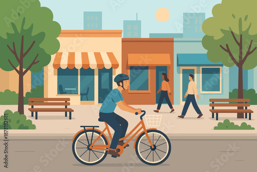 Wearing sunny vector helmet illustration scene bicycle pedestrians street benches cycling urban
