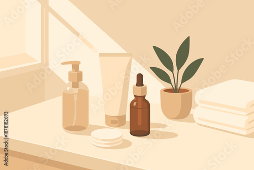 Vector setup illustration neatly illuminating soft white minimalist pads nearby space towels