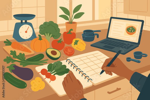 Notebook measuring meal recipe nearby illustration laptop vector writing planning illuminating organized