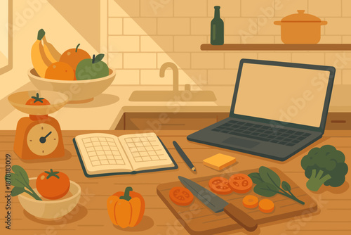 Planner planning fruits vector cooking illustration view countertop open organized measuring meal