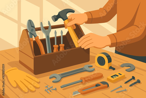 Vector pliers wrench scene illustration level small knife toolbox person organization organizing