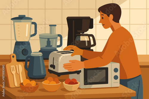 Processor kitchen highlighting microwave countertop organized small toaster bowls board illustration vector