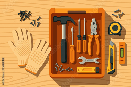Screwdrivers vector wrench simple essentials casting knife small hammer toolbox gloves illustration