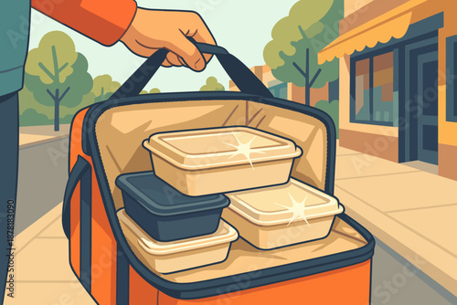Holding vector illustration food moment delivery containers sunlight trees shops reflecting thermal