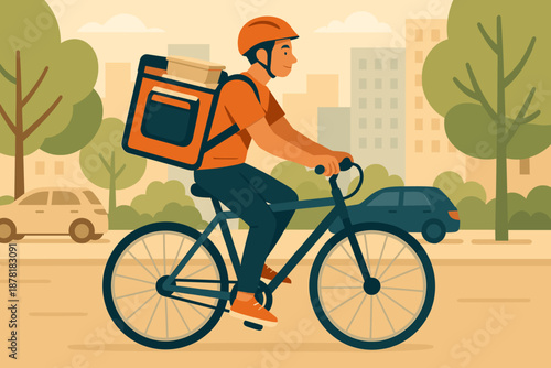 Along bicyclist bicycle parked illustration vector person delivery casting meal riding soft