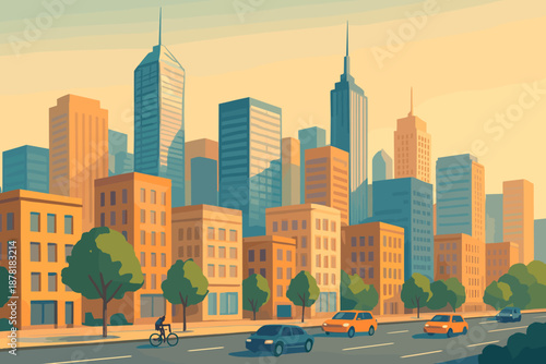 Illustration sunlight buildings gradient facades reflections urban vector perspective sky trees skyline