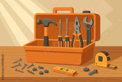 Bolts screwdrivers illustration essentials scene organized hammer toolbox surface vector wrench