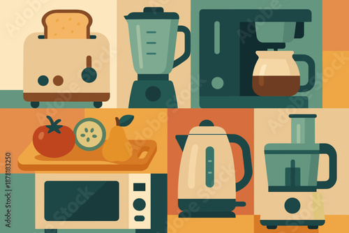Illustration kettle fruits coffee minimal abstract gadgets kitchen vector modern including microwave