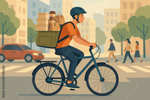 Side vector delivery passing background trees meal streets illustration riding sunlight bicycle