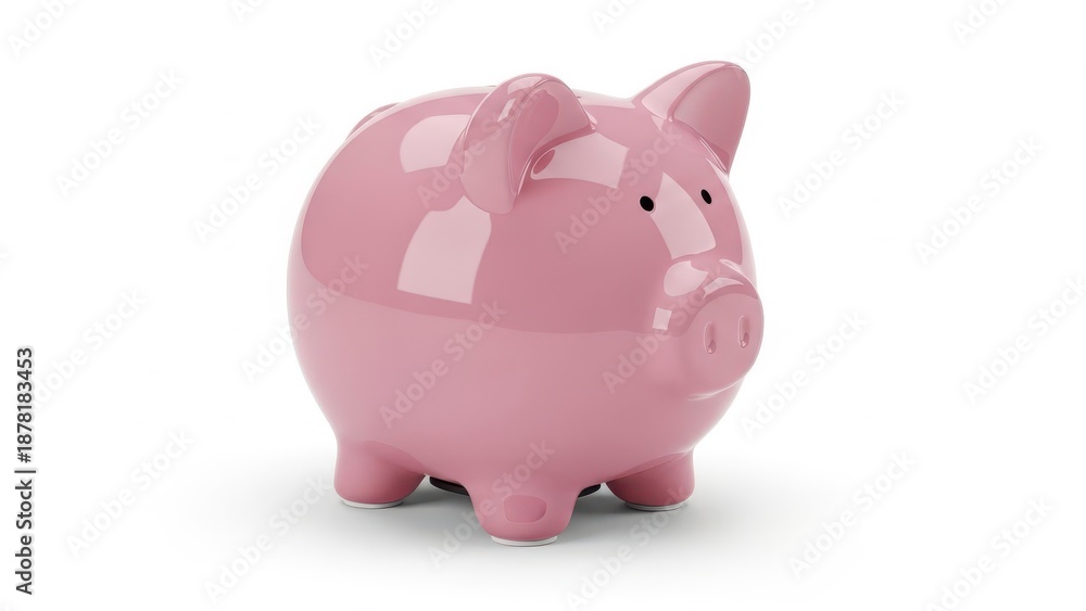 Obraz premium Pink ceramic piggy bank on white background in bright studio lighting as a savings symbol.