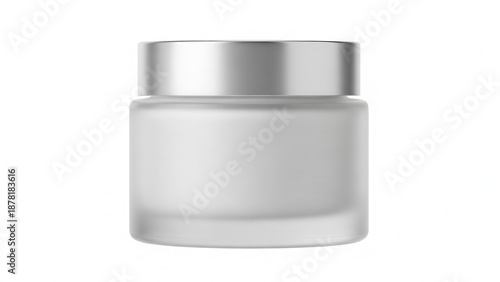 Frosted glass jar with silver lid in clean studio lighting for cosmetic product mockup.