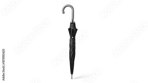 Closed black umbrella with silver hook handle in studio lighting on white background for weather protection.