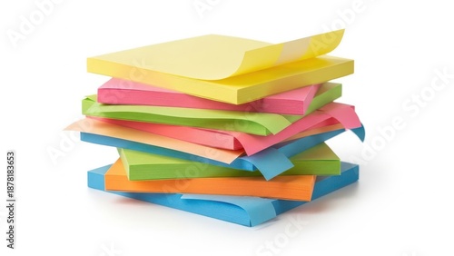 Stack of sticky notes in bright, vibrant colors with clean studio lighting on a white background for office organization.