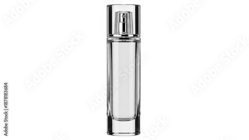 Perfume bottle minimalist clean design in clear glass with silver cap in bright studio lighting for beauty advertising.