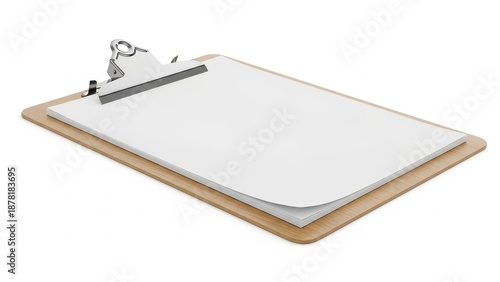 Clipboard with blank paper in clean studio lighting on white background for design mockup.