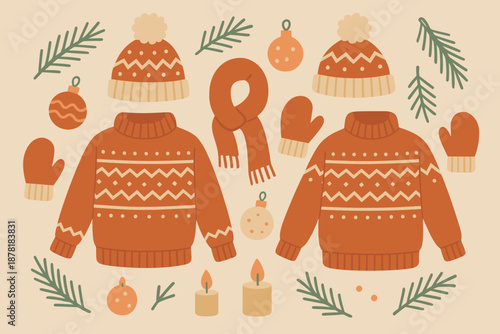 Ensemble scarves cozy vector pine abstract mittens glowing minimalist illustration winter