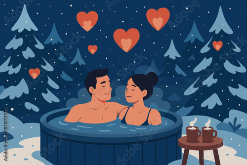 Couple night retreat romantic winter tub lanterns vector floating starry illustration intimate