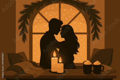 Vector against light nearby pine winter holiday warm illustration couple embrace cozy