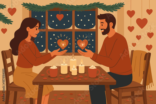 Mugs rose winter vector blankets romantic softly cocoa illustration hearts couple sparkle