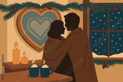 Illustration decorating mirror romance snow silhouetted winter cozy wrapped blankets fogged softly
