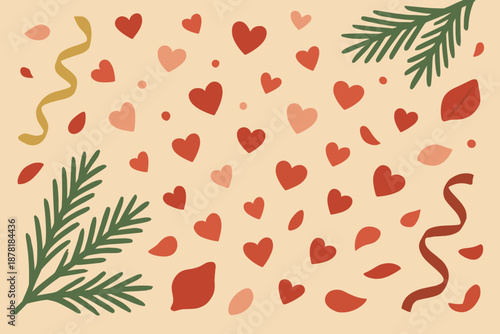 Composition branches pine heart rose minimalist abstract winter scene confetti illustration vector