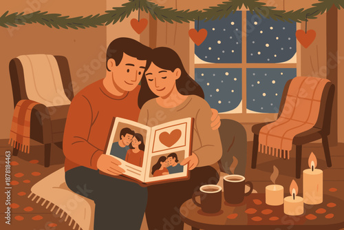 Winter indoor scene warm illustration draped vector table photo candles cocoa romantic